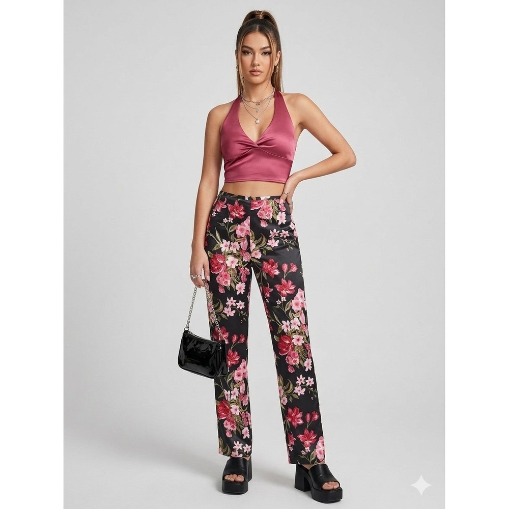 Vinage Kay Unger New York 100% Silk Floral Beaded Pants Y2K Black Pink Size 4